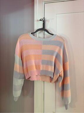 Altar'd State Pastel Striped Cropped Crewneck Sweater — Pink, Peach & Light Blue